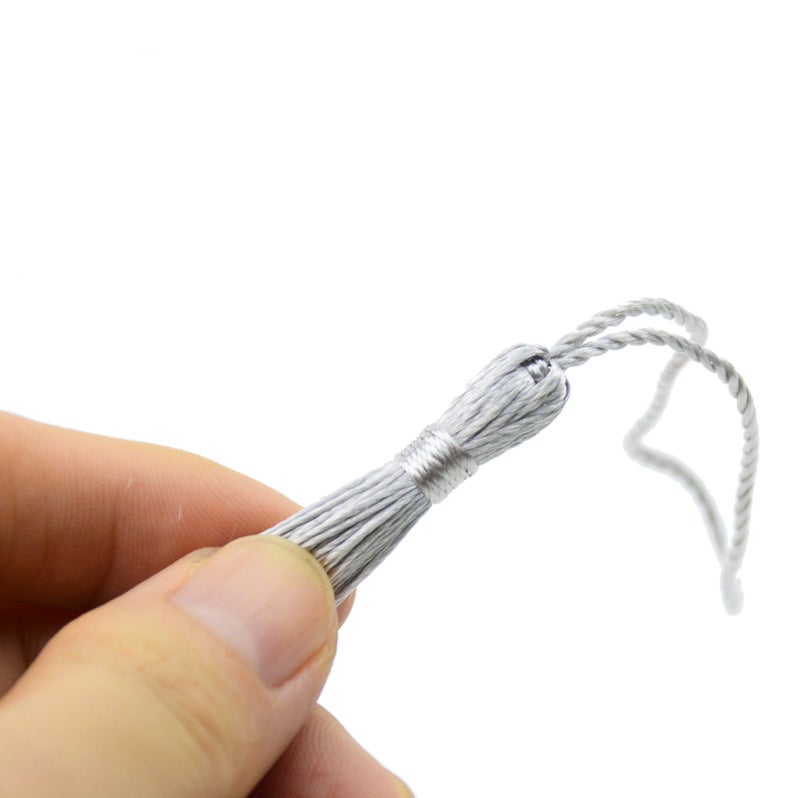 Makhry 100pcs 13cm/5 Inch Silky Floss Bookmark Tassels with 2-Inch Cord Loop and Small Chinese Knot for Jewelry Making, Souvenir, Bookmarks, DIY Craft Accessory (Silver) - Image 3